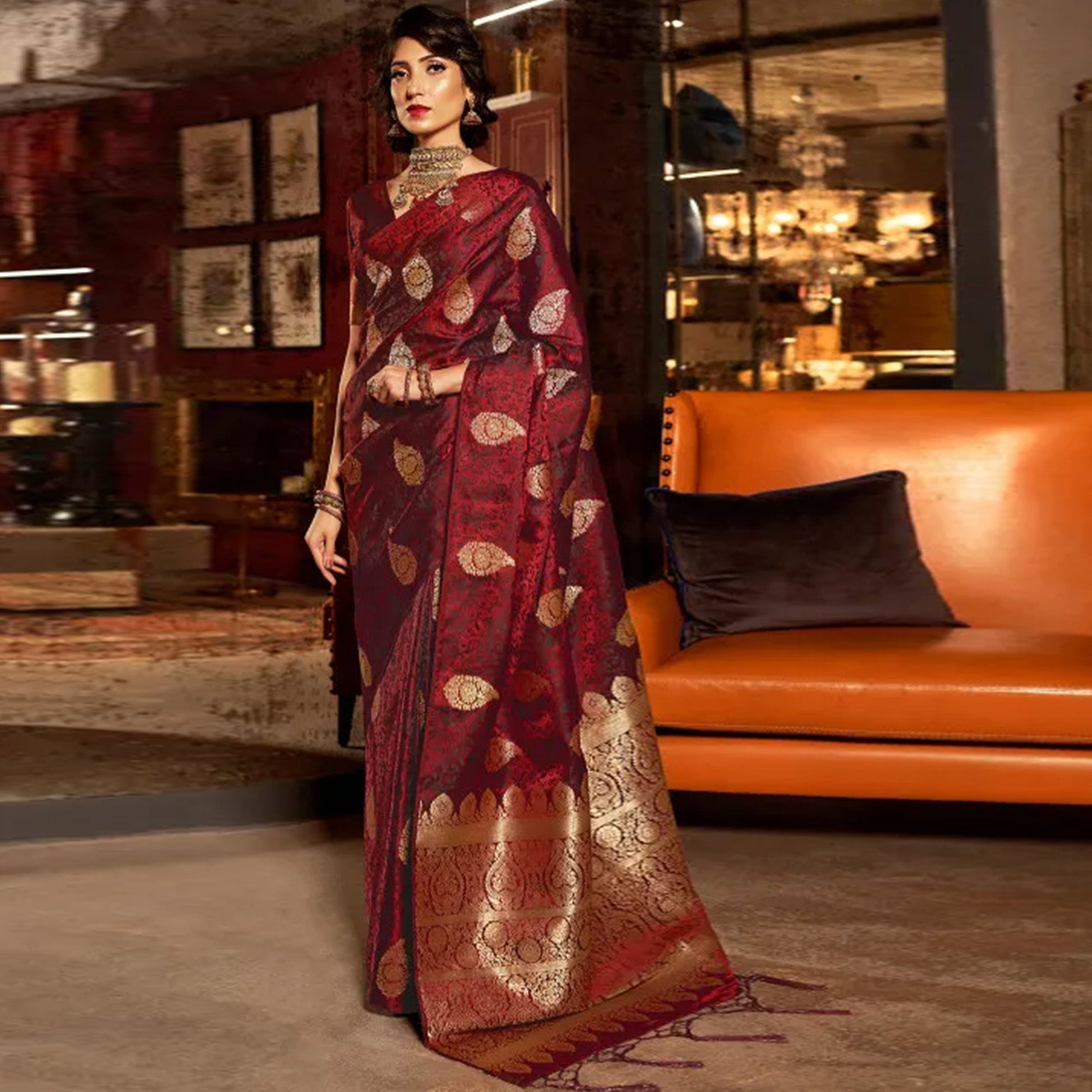 Maroon Woven Satin Silk Saree