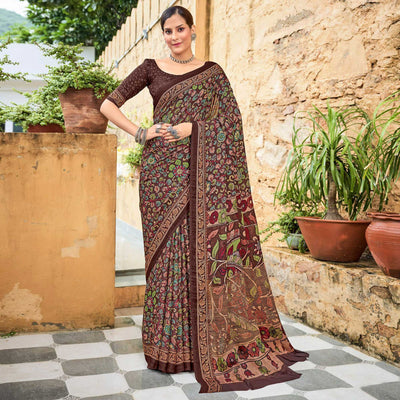 Brown Floral Printed Georgette Saree