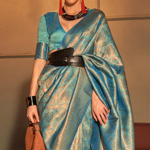 Blue Woven Art Silk Saree With Tassels