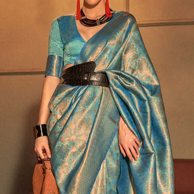 Blue Woven Art Silk Saree With Tassels