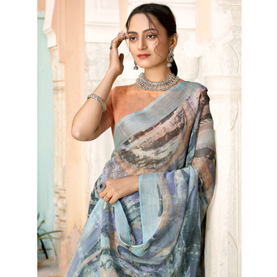 Grey Printed Cotton Blend Saree