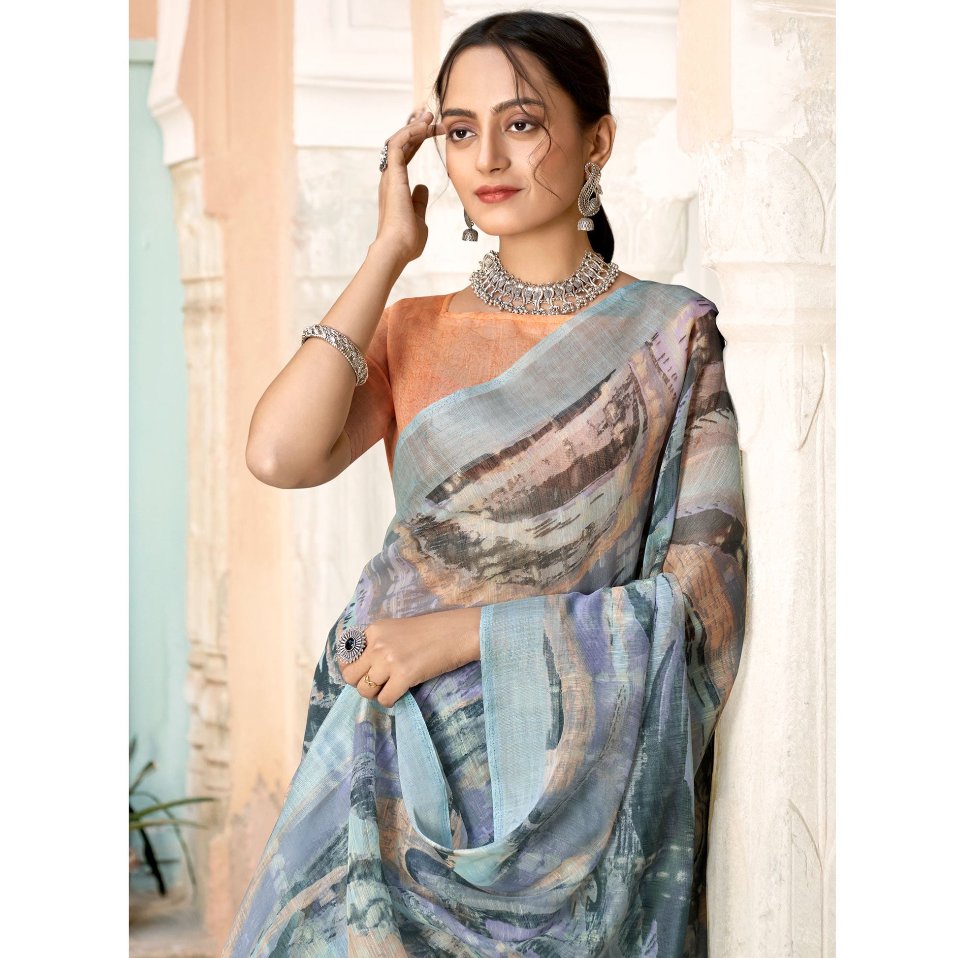 Grey Printed Cotton Blend Saree
