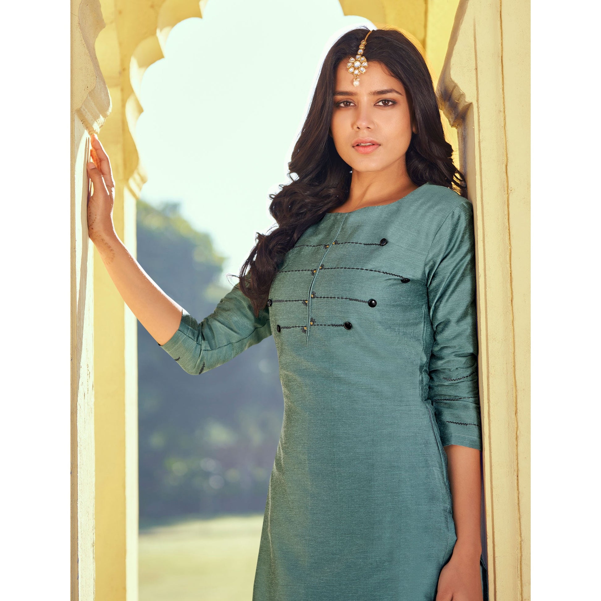 green-embroidered-art-silk-kurti-pant-set