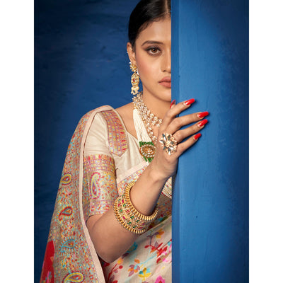 Cream Woven Art Silk Saree With Tassels