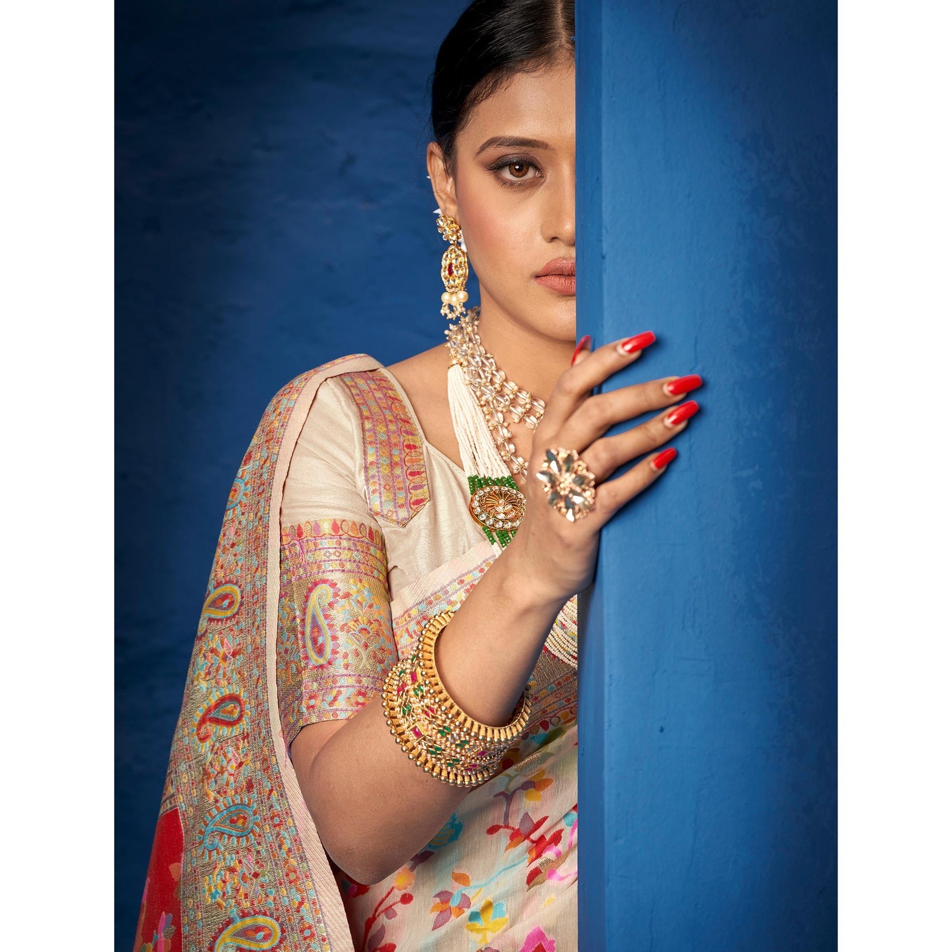 Cream Woven Art Silk Saree With Tassels