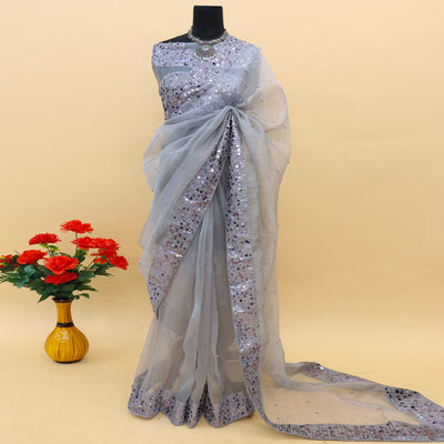 Grey Sequins Embroidered Organza Saree