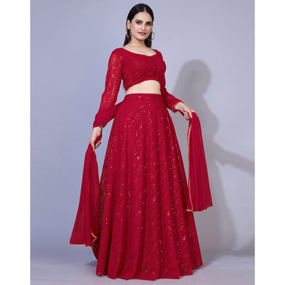 Dark Red Lucknowi Chikankari Work Georgette Lehenga Choli
