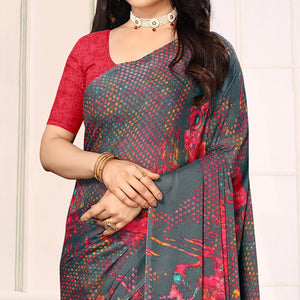 Grey Printed Georgette Saree