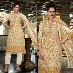 Cream Printed With Embroidered Pure Cotton Salwar Suit