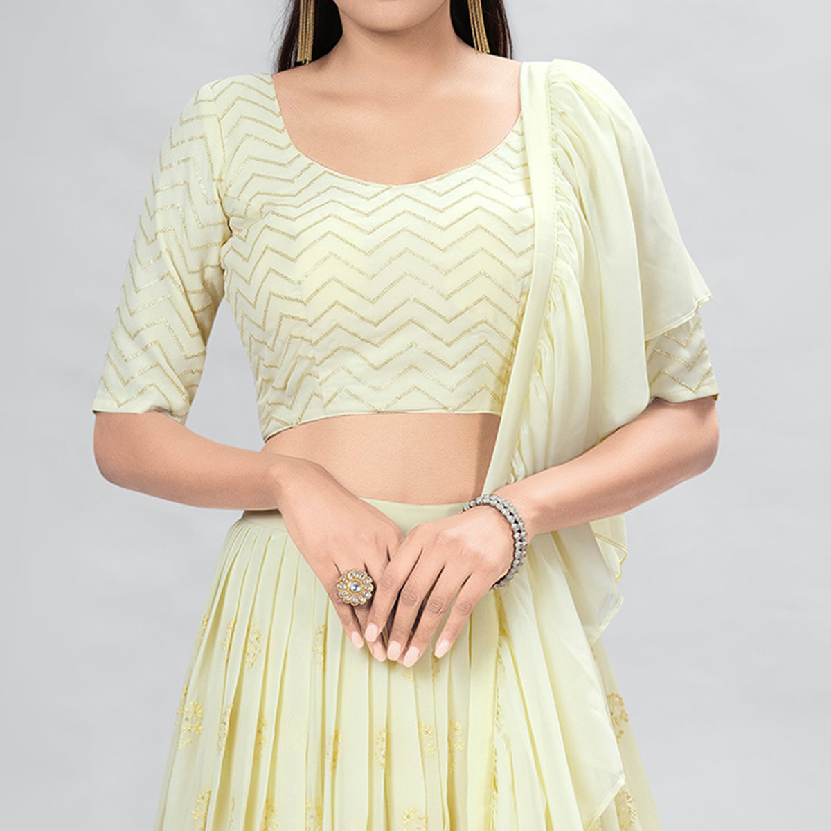 Cream Embroidered Georgette Lehenga Choli