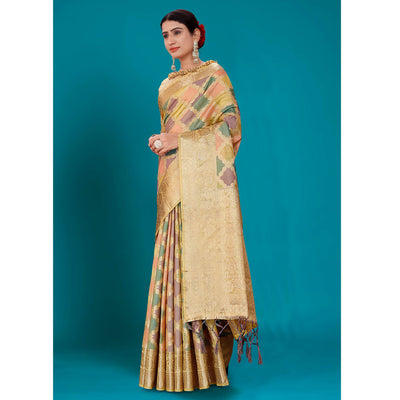 Light Pista Green Woven Organza Saree With Tassels