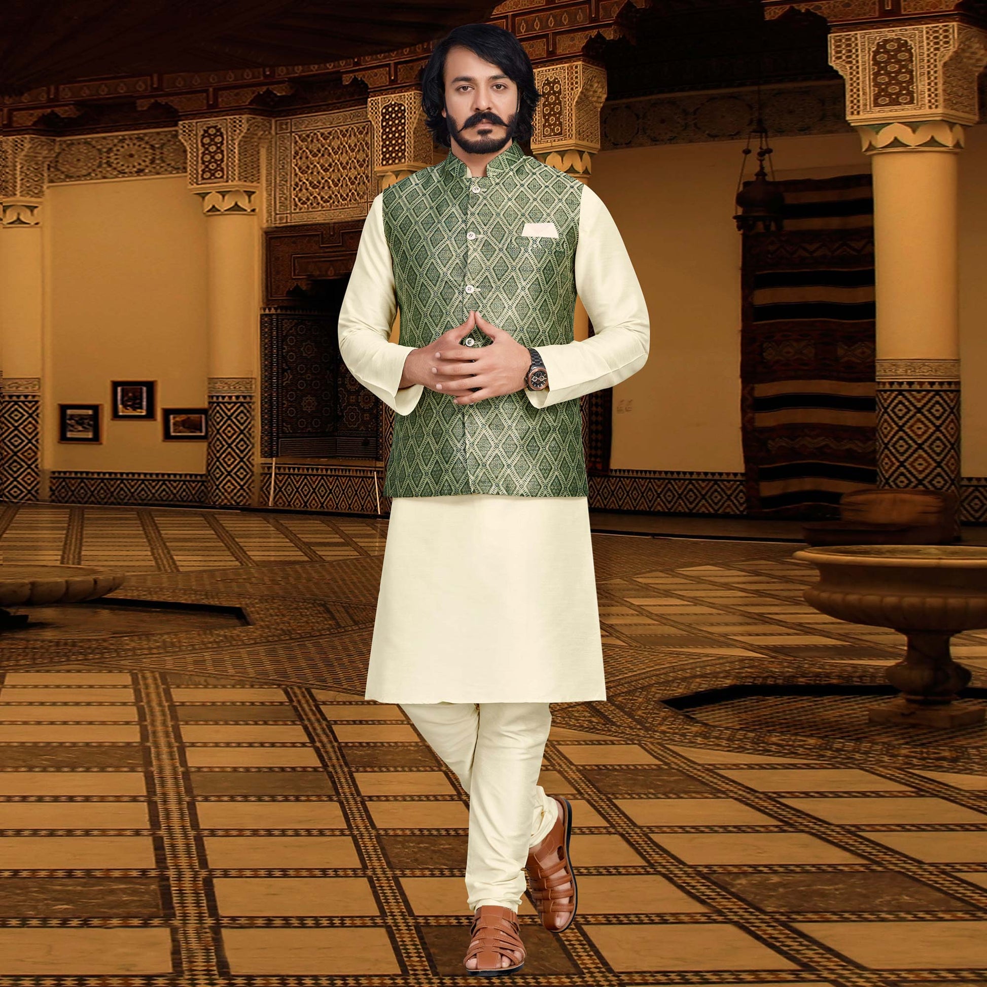 Cream Green Woven Art Silk Kurta Pyjama Set With Jacket