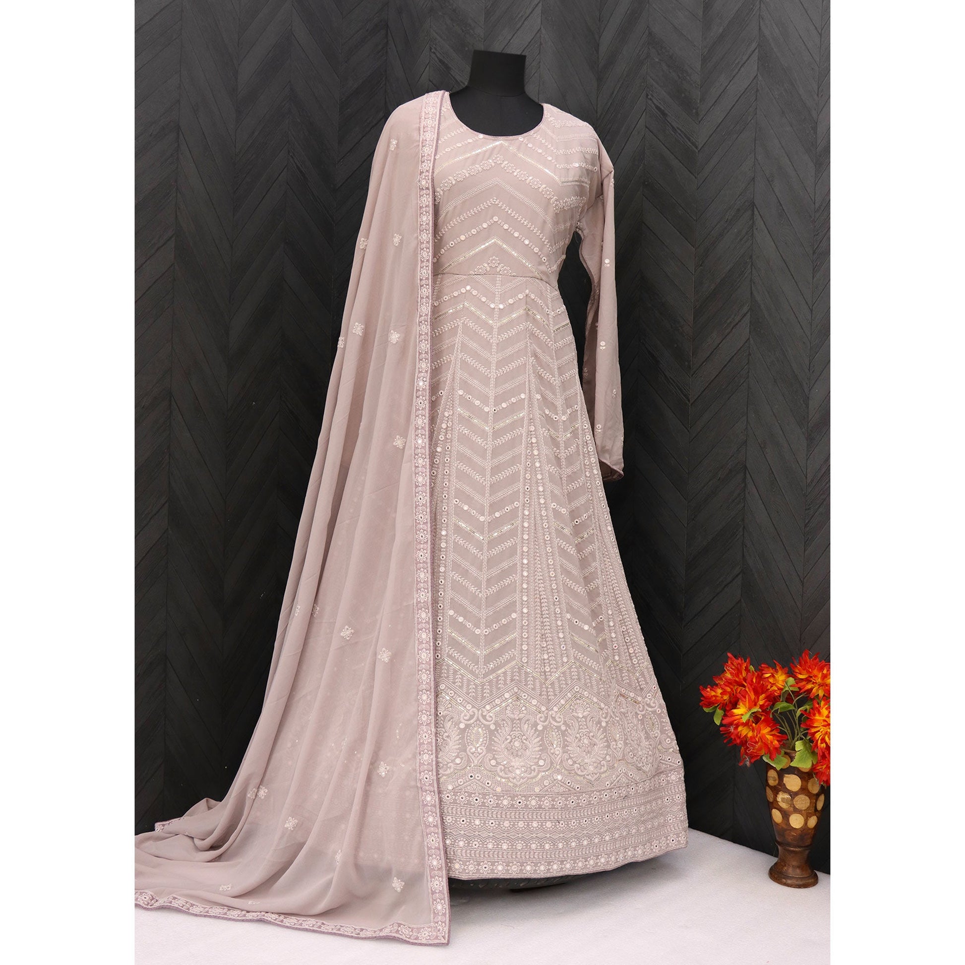 Dusty Rose Pink Sequins Embroidered Georgette Semi Stitched Anarkali Suit