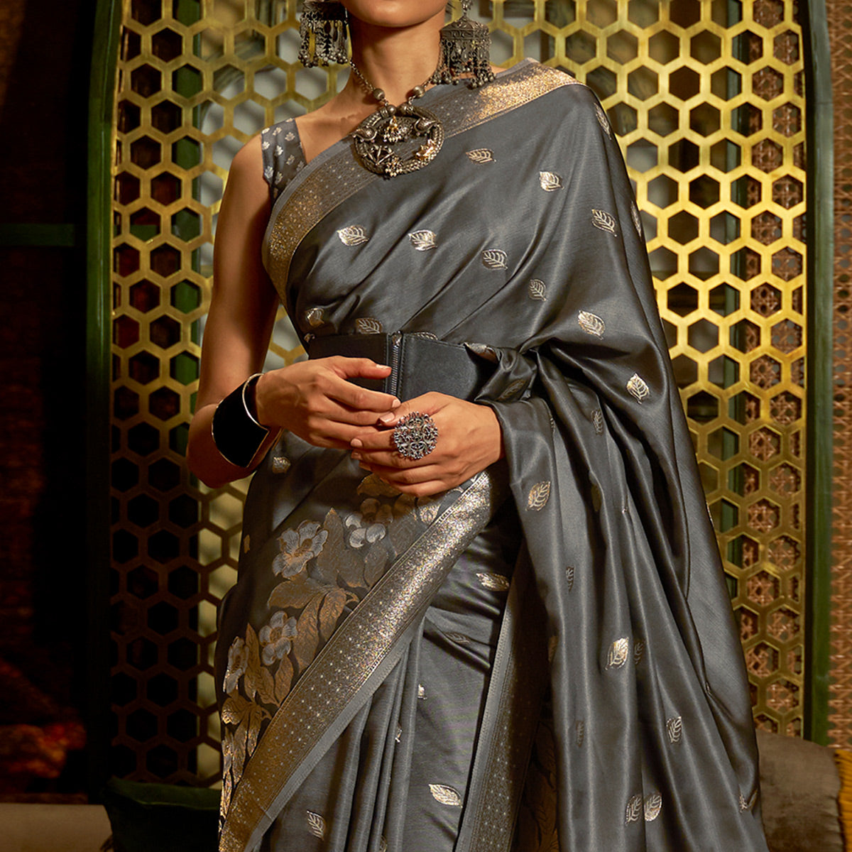 Grey Woven Satin Saree With Tassels