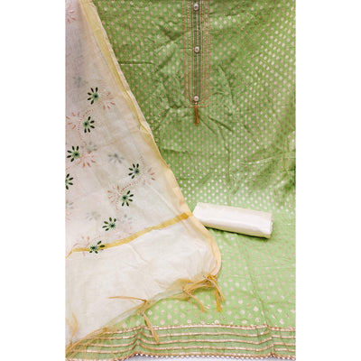 green-woven-chanderi-dress-material