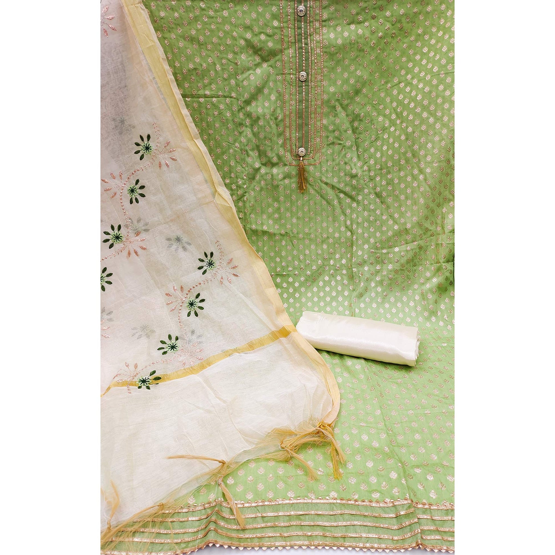 green-woven-chanderi-dress-material