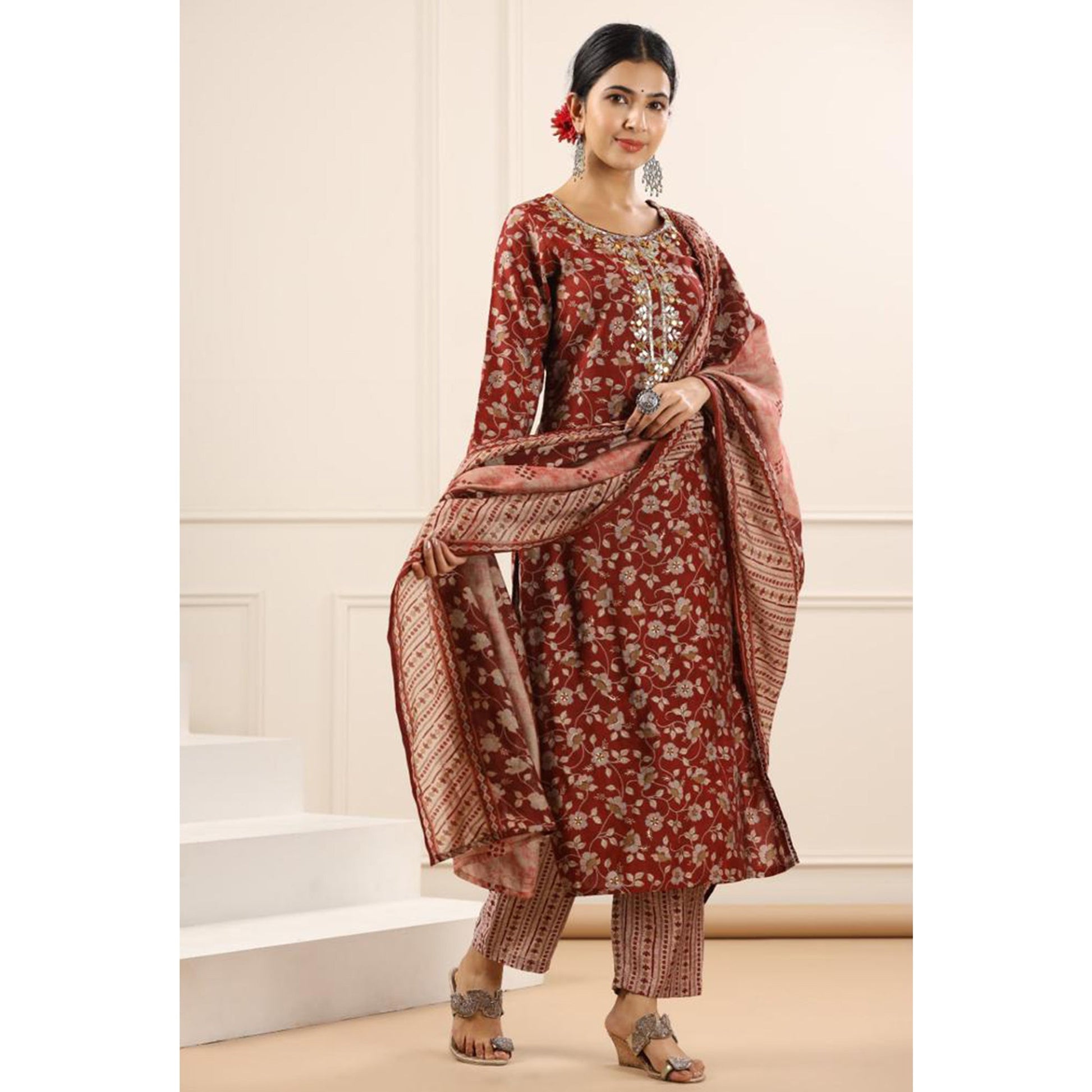 Maroon Jaipuri Printed Chanderi Salwar Suit