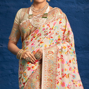 Cream Woven Art Silk Saree With Tassels