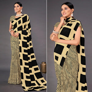 Cream Geometric Printed Crepe Saree