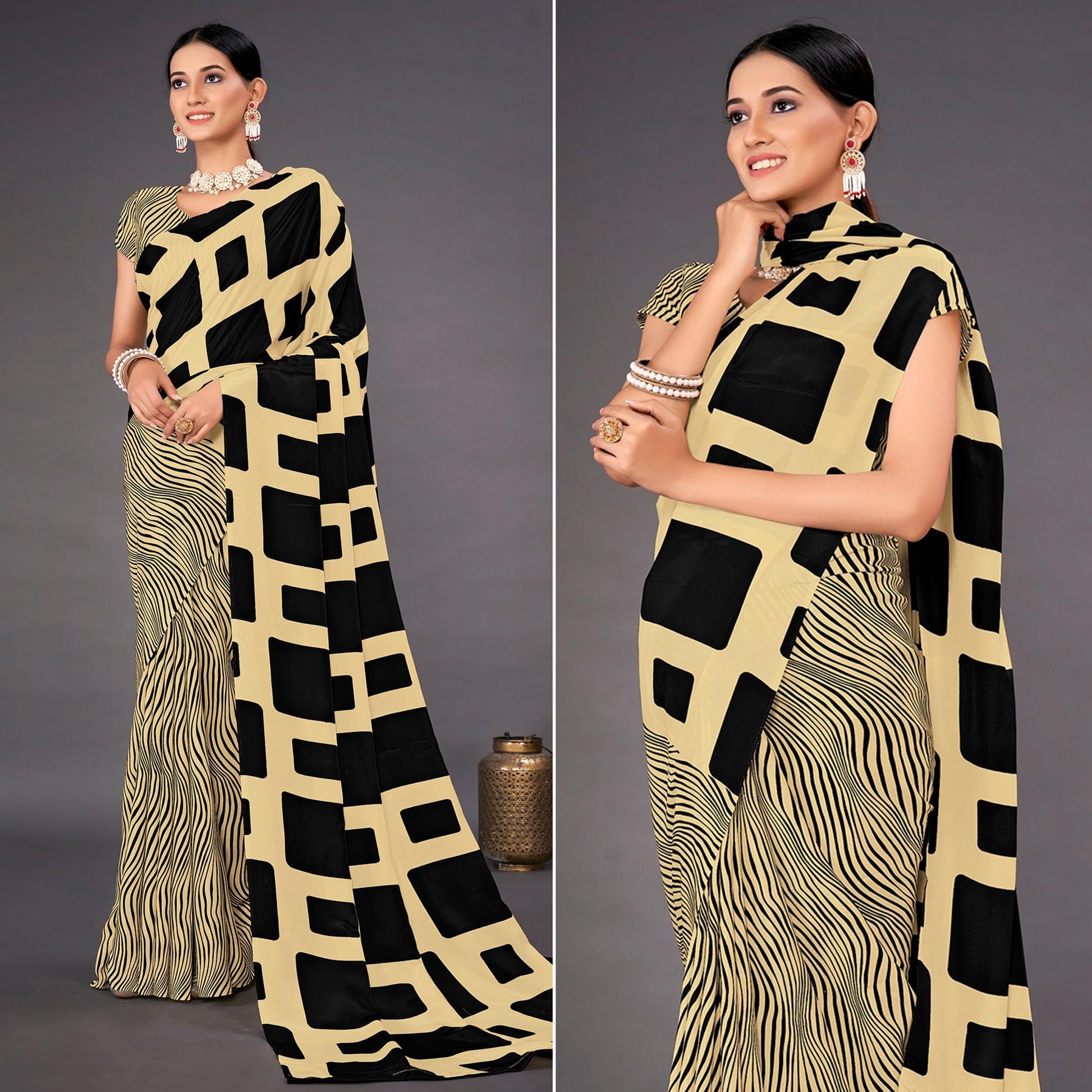 Cream Geometric Printed Crepe Saree