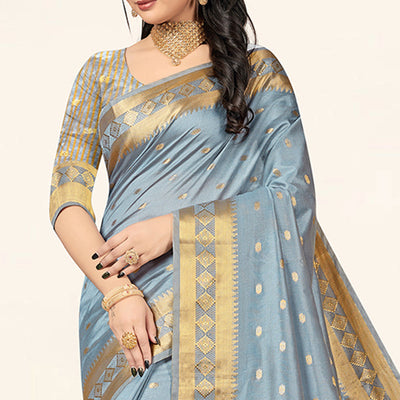 Grey Woven Assam Silk Saree With Tassels