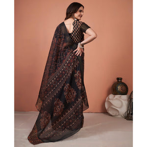 Brown Printed Cotton Saree With Tassels