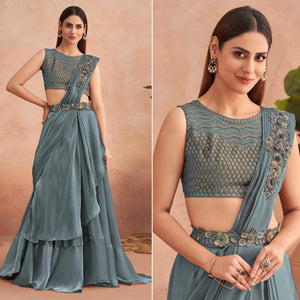 Grey Sequins Embroidered Ready to Wear Art Silk Saree