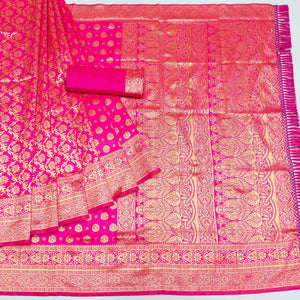 Magenta Pink Woven Jacquard Saree With Tassels
