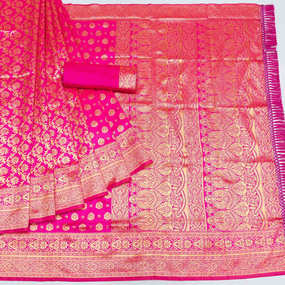 Magenta Pink Woven Jacquard Saree With Tassels