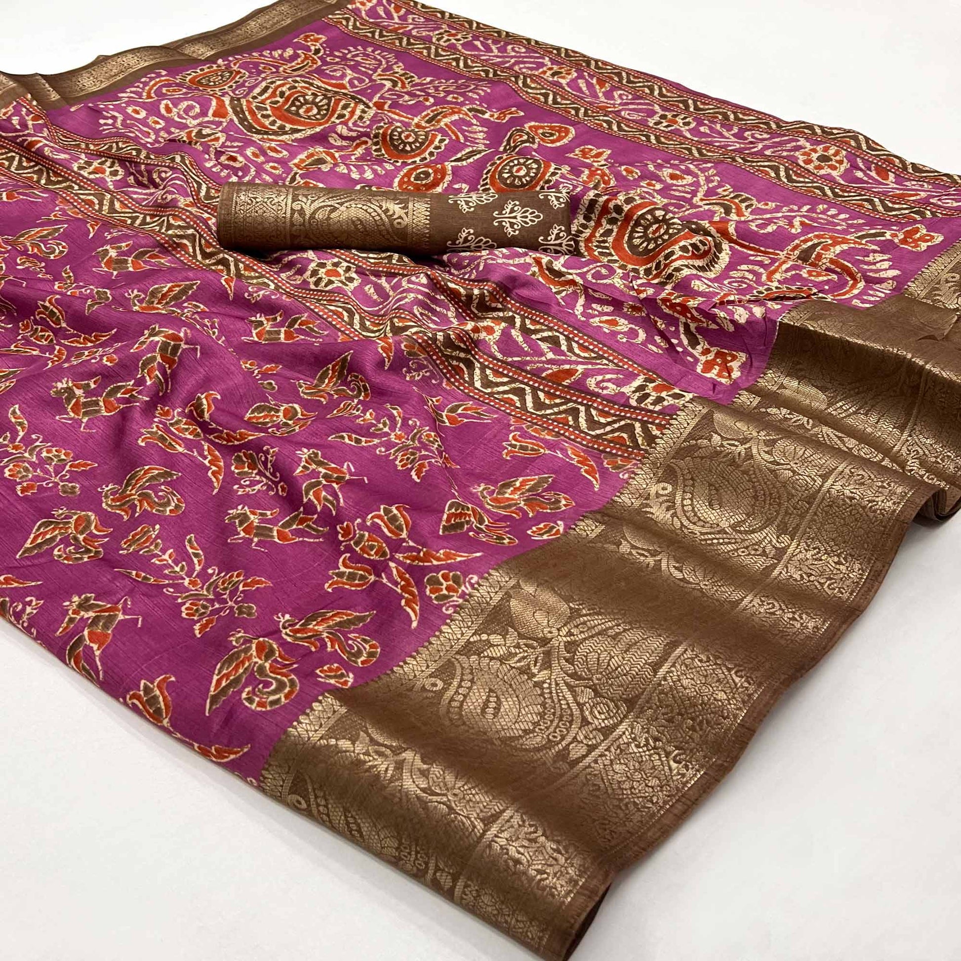 Magenta Purple Printed With Woven Border Dola Silk Saree