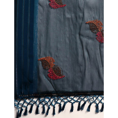 Blue Swarovski With Embroidery Work Chiffon Saree