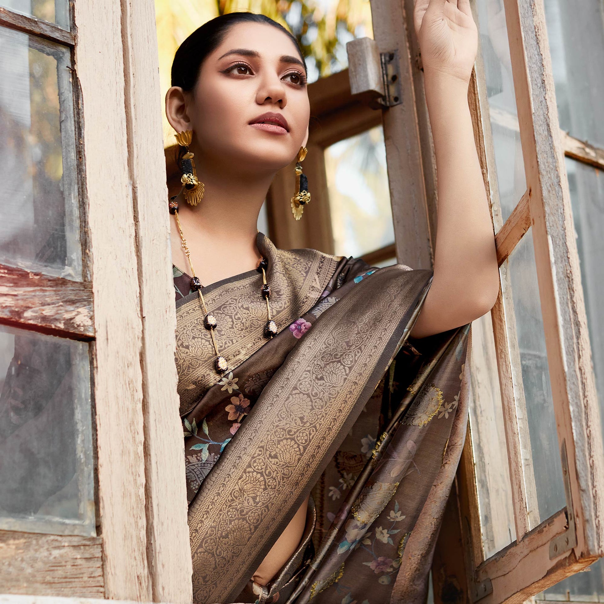 Brown Woven With Floral Printed Art Silk Saree