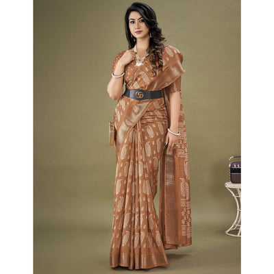 Brown Floral Printed Dola Silk Saree