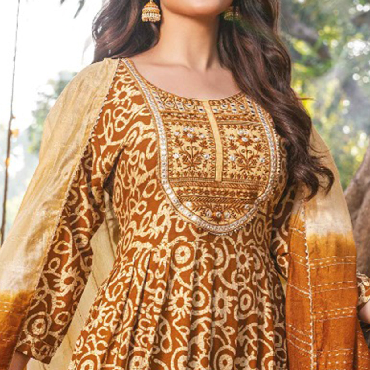 Brown Printed Rayon Naira Cut Suit