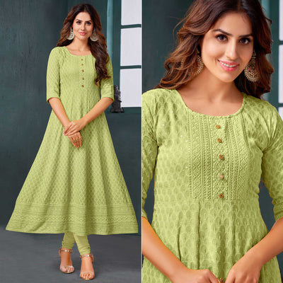 green-chikankari-work-aanarkali-style-rayon-kurti