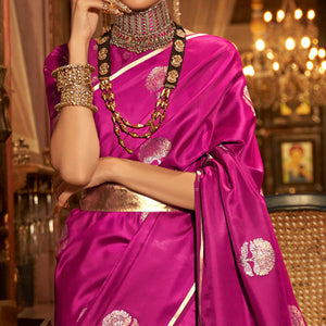 Magenta Pink Floral Woven Satin Saree With Tassels