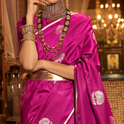 Magenta Pink Floral Woven Satin Saree With Tassels