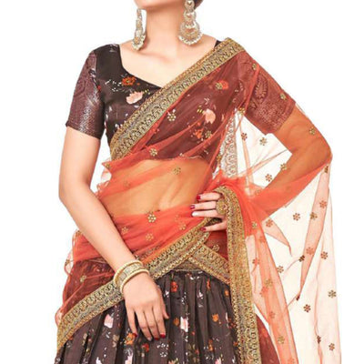 Brown Digital Printed With Zari Work Art Silk Lehenga Choli