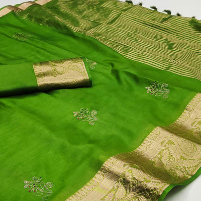green-floral-foil-with-woven-border-organza-saree-1