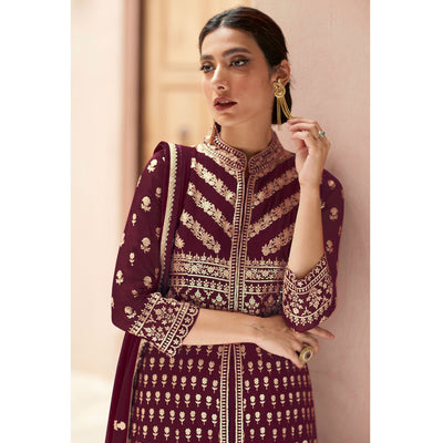 Maroon Floral Embroidered Georgette Palazzo Suit