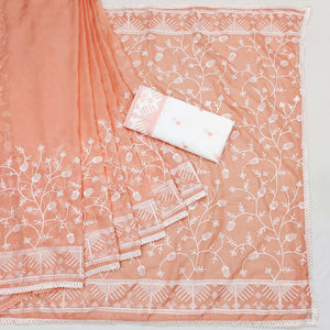 Light Orange Lucknowi Work Organza Saree