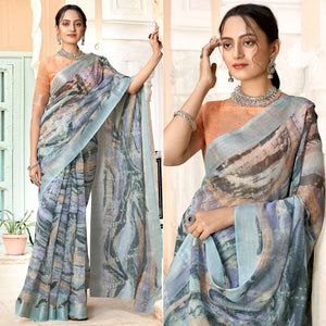 Grey Printed Cotton Blend Saree