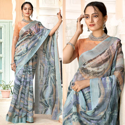 Grey Printed Cotton Blend Saree