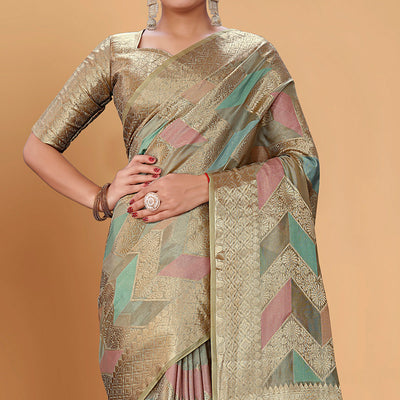 Grey Woven Organza Saree With Tassels