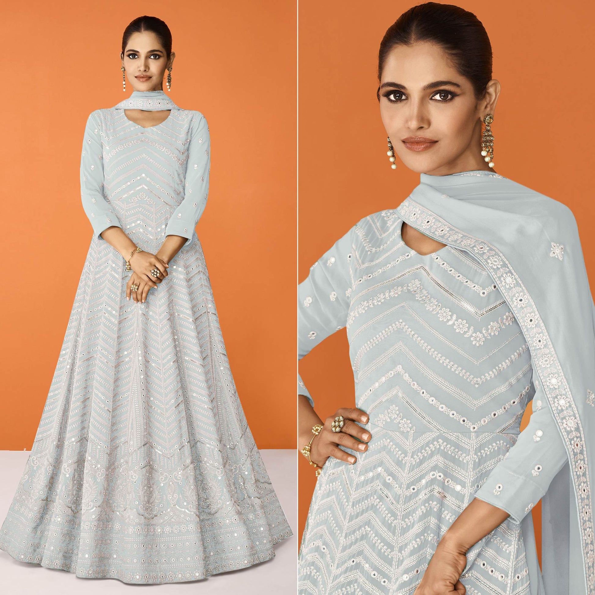 Mint Green Sequins Embroidered Georgette Semi Stitched Anarkali Suit