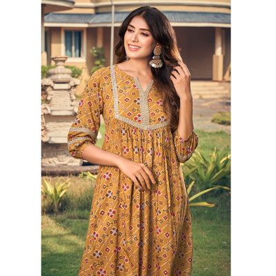 Brown Floral Printed Rayon Dress