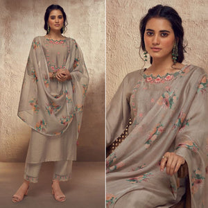 Brown Floral Embroidered Viscose Suit
