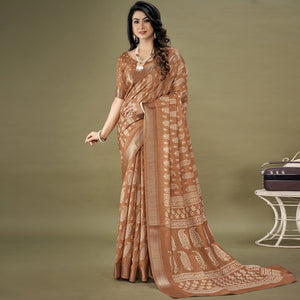 Brown Floral Printed Dola Silk Saree