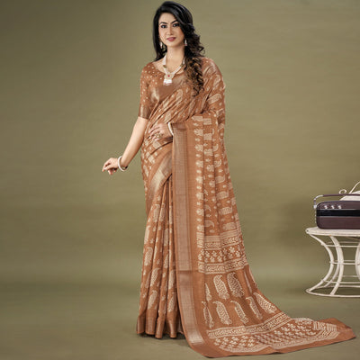 Brown Floral Printed Dola Silk Saree