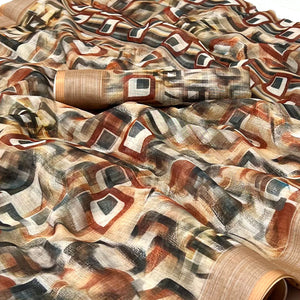 Brown Digital Printed Linen Saree